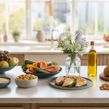 A kitchen counter with various bowls of fruit, vegetables, nuts and olive oil as part of the Mediterranean Diet.